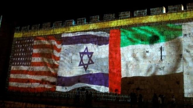 أعلام إسرائيل والامارات والولايات المتحدة