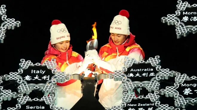 2022 Beijing Olympics - Opening Ceremony - National Stadium, Beijing, China - February 4, 2022. The Olympic torch is lit during the opening ceremony