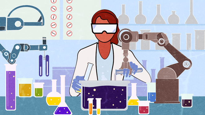 Ilustração de cientista misturando produtos químicos em laboratório