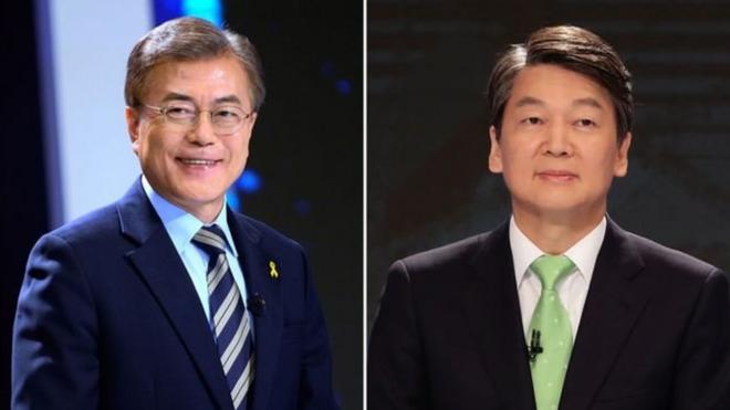 Moon Jae-in (trái) và ông Ahn Cheol-soo là hai đối thủ chính trong cuộc bầu cử sắp tới ở Nam Hàn