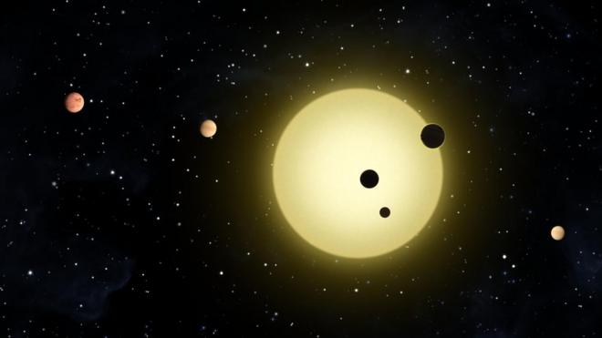 Esta ilustração conceitual mostra o sistema planetário Kepler-11