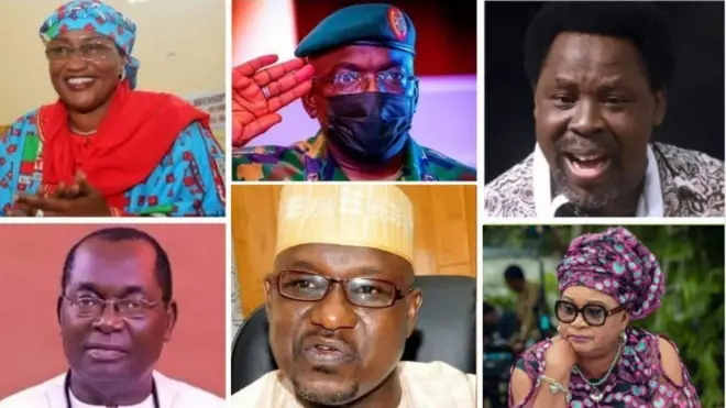 2021 Year end: Rachel Oniga, Sound Sultan, Ada Jesus, T. B. Joshua, Ibrahim Attahiru, Sani Dangote, Ahmed Gulak, Victor Uwaifo, Chike Akunyili, Lateef Jakande, Sani Dangote, Ibrahim Mantu prominent Nigerians wey die 2021