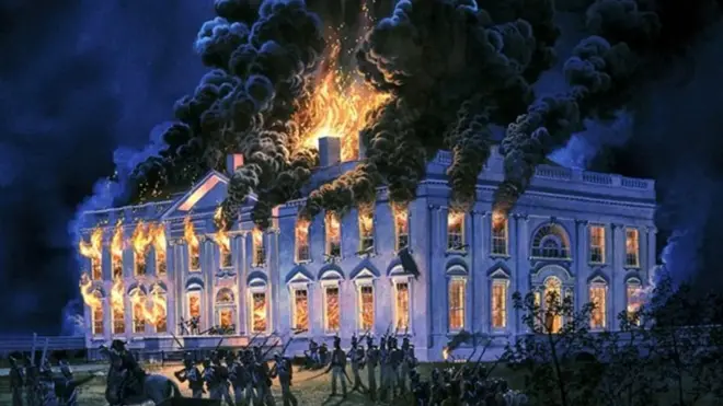 બ્રિટિશરો દ્વારા વૉશિંગ્ટનને 1814માં ચાંપવામાં આવેલી આગનું ટોમ ફ્રીમેને દોરેલું ચિત્ર.