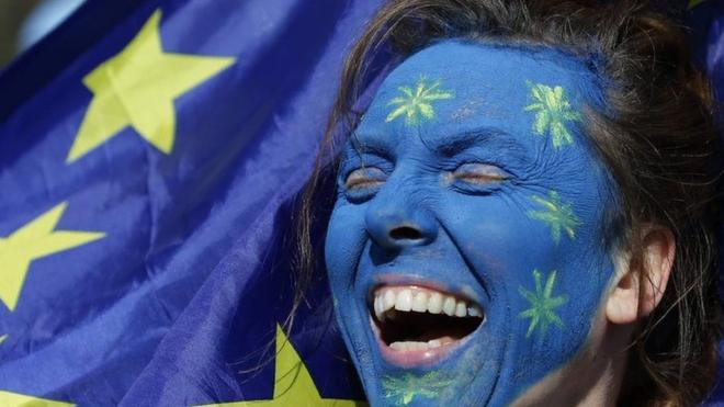 Woman with EU flag painted on face