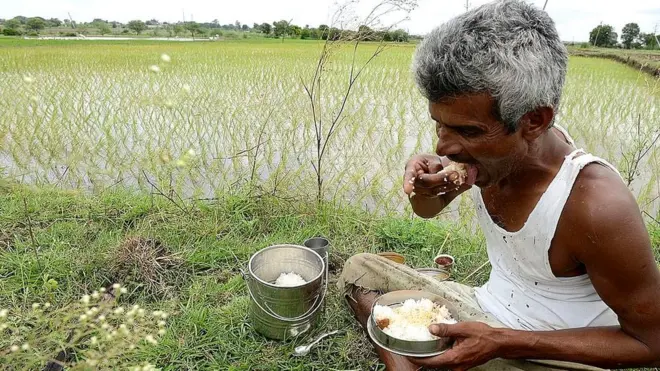 మెదక్ జిల్లాలో పొలం గట్టుపై భోజనం చేస్తున్న రైతు