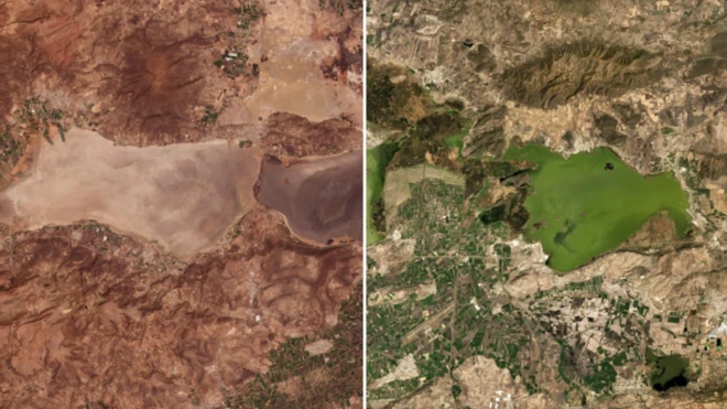 Lago Cuitzeo, en Michoacán en 27 de marzo del 2021 y en 27 de marzo del 2020