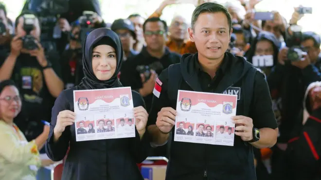 Agus Yudhoyono mencoblos bersama isterinya di kawasan Rawa Barat, Jakarta Selatan. Apakah suara pemilih Agus akan mengalir ke Anies pada putaran kedua?