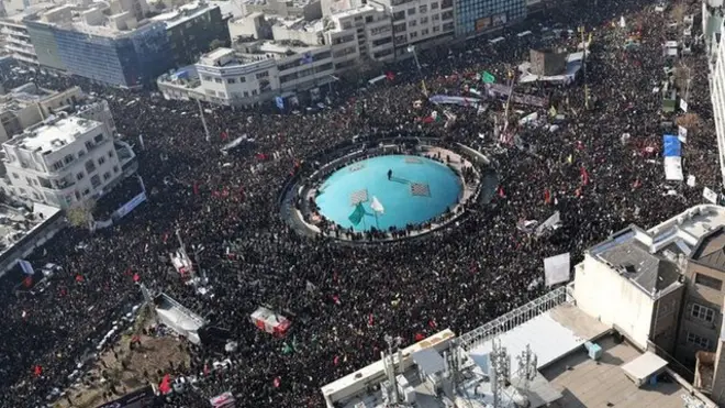 A handout photo made available by the Iranian supreme leader's office shows an areal view of Qasem Soleimani's funeral in Tehran, 6 January 2020