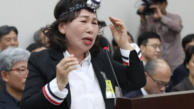 김용임 한유총 비상대책위원회 대외협력부장이 교교육부에 대한 종합감사에서 '밤낮 헤드랜턴을 쓰고 일한다'며 억울함을 호소하고 있다