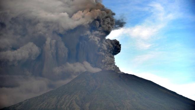 Large plumes of smoke pictured around Mount Agung on Bali on Sunday morning