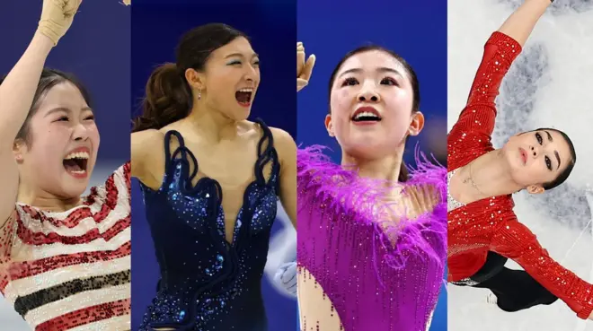 ミラノ五輪で演技する4選手の写真が並んでいる