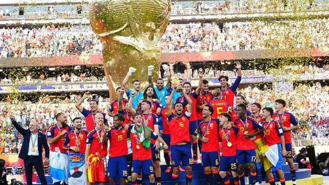 Rodri #16 of Spain lifts the FIFA World Cup Winner’s Trophy after the team’s victory following during the FIFA World Cup 2026 Final match between Spain and Argentina at New York New Jersey Stadium on July 19, 2026 in East Rutherford, New Jersey.