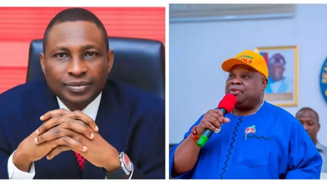 Alaga EFCC,Ola Olukoyede lapa osi, Gomina Ademola Adeleke lapa ọtun.