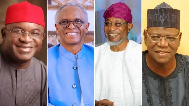 Collage image of Sen. David Mark, Nasir El-Rufai, Rauf Aregbesola, and Sule Lamido