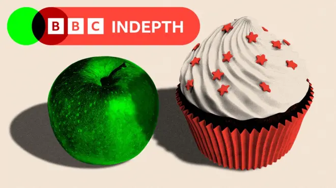 A treated image showing a green apple next to a cupcake
