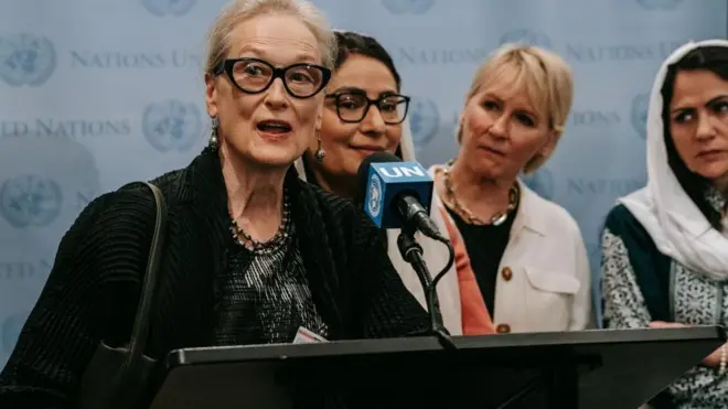 Meryl Streep yashikirije ijambo mu gihe hariko haraba ikoraniro ry'ishirahamwe mpuzamakungu ONU ku cicaco caryo gikuru i New York