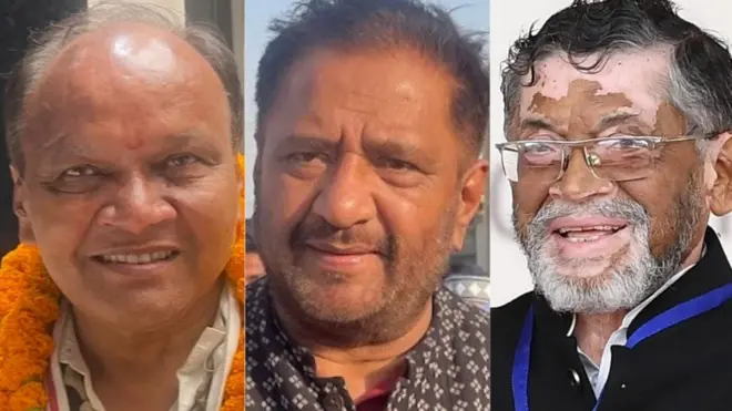 तस्वीर में: बीजेपी उम्मीदवार छत्रपाल गंगवार (सबसे बाएं), समाजवादी पार्टी के प्रत्याशी प्रवीण सिंह एरोन (बीच में) और बीजेपी के मौजूदा सांसद संतोष गंगवार