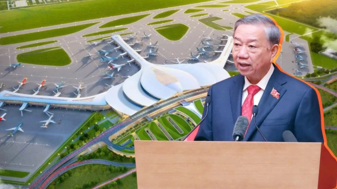 Ảnh thiết kế: Ông Tô Lâm phát biểu trên bục, phía sau là phối cảnh sân bay Long Thành