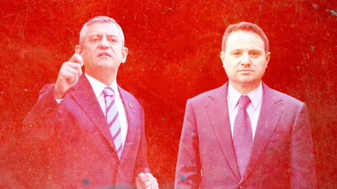 İlüstrasyon: Kırmızı filtreli fotoğrafta takım elbiseli iki erkek, soldaki özgür özel, sağdaki akın gürlek 