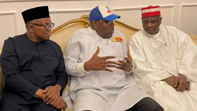 Foto Seriake Dickson, Peter Obi na Rabiu Kwankwaso oge a nabatara ha na pati NDC n'ụbọchị Sọnde 3 Mee 2026
