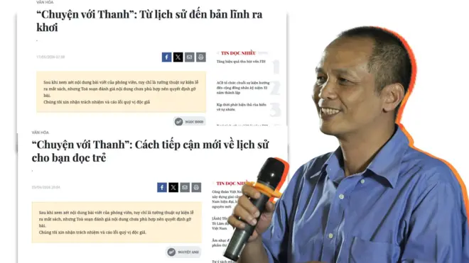 Nguyễn Thành Nam, tác giả cuốn sách 'Chuyện với Thanh', trên nền ảnh chụp màn hình hai bài báo đã được gỡ nội dung của báo Nhân dân