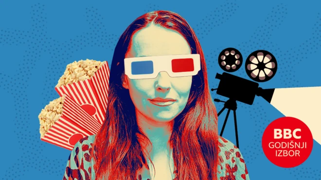 Devojka sa 3D naočarima iza koje su dve kutije pune kokice i kamera sa filsmkom trakom