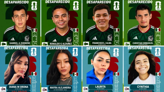 Varios rostros de desaparecidos que aparentan ser cromos mundialistas