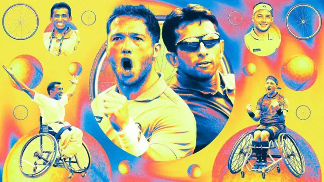 آلفی هیوئیت (سمت چپ در تصویر مرکزی) با ۲۶ عنوان قهرمانی در تنیس انفرادی و دونفره، موفق‌ترین قهرمان گرند اسلم تنیس با ویلچر بریتانیا است. جایانت میستری (سمت راست در تصویر مرکزی) اولین تنیسور بریتانیایی بود که قهرمان مسابقات دونفره اوپن استرالیا در سال ۲۰۰۲ شد