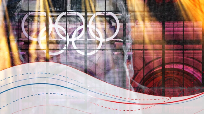 Composite image of the Olympic Games rings displayed in front of a building