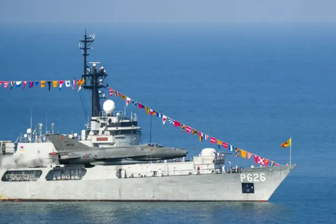  Navy battleship by the Sri Lankan Air Force during the 76th Independence Day in Colombo, Sri Lanka, on February 4, 2024.