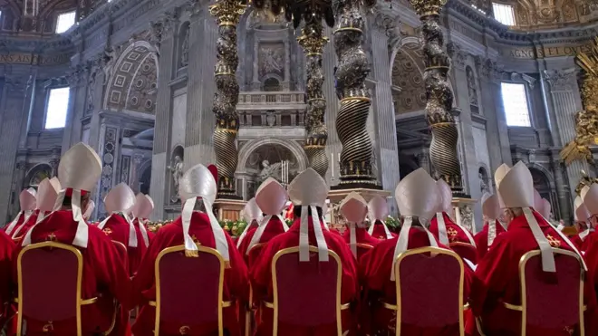 Cardinals at a mass during nine days of mourning for late Pope Francis, in St. Peter's basilica at the Vatican 