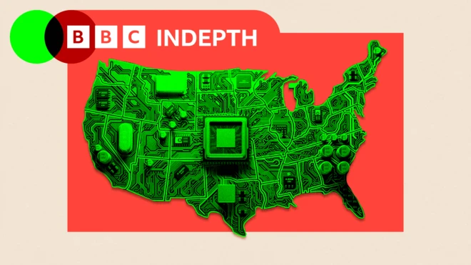 An outline image of the USA filled with microchip parts in green