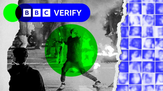 A collage of a protester on the streets of Tehran, Iran in black and white but it is clear there is a fire burning behind them. On the right-hand side of the image leaked photos are presented in a gridded face wall showing some of the 392 faces sent to BBC Verify. The photos of dead victims show close up images of their blurred faces in the colour blue..