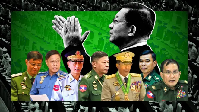 ဗိုလ်ချုပ်မှူးကြီးမင်းအောင်လှိုင်ရဲ့အစိုးရအဖွဲ့စာရင်းမှာ အငြိမ်းစားစစ်ဗိုလ်ချုပ်တွေပါဝင်တာကို သရုပ်ဖော်ထားတာဖြစ်ပြီး ယူနီဖောင်းဝတ်ထားတဲ့ စစ်ဗိုလ်ချုပ်တွေပါဝင်ပါတယ်။