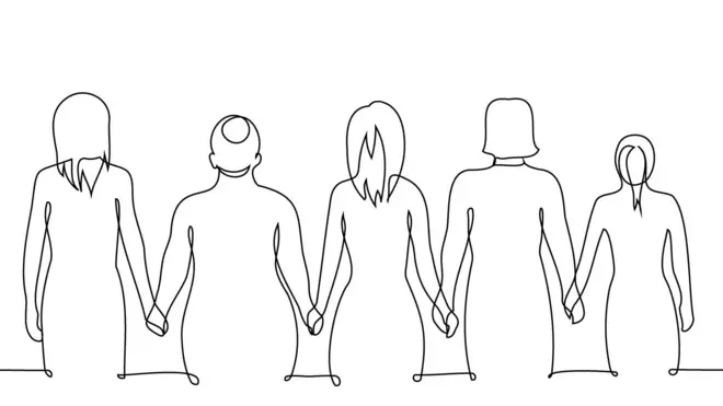 Dibujo lineal de mujeres tomadas de la mano y de espaldas