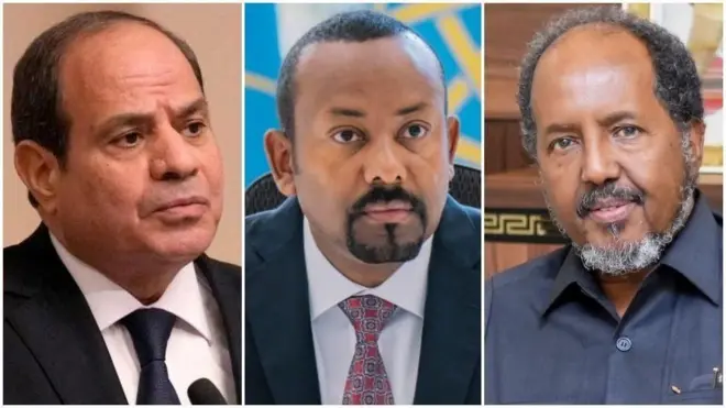 Pirezidant Abdel Fattaah al-Siisii (biraan) Ministira Muummee Abiy Ahimad (gidduun), pirezidant Sheek Hasan Mohaammud (mirgaan)