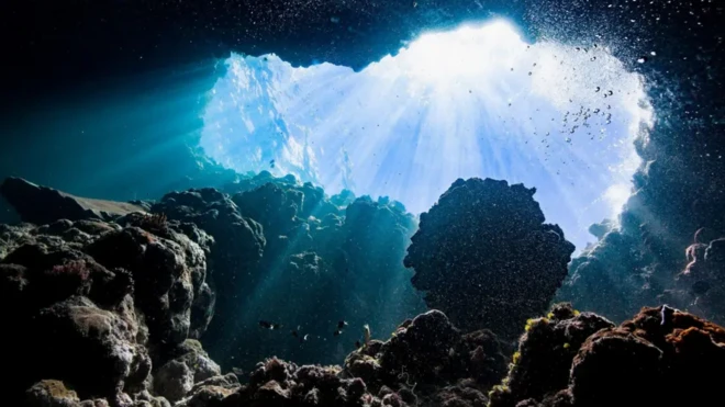 زیر آب، در حالیکه نور از دهانه غاری وارد میشود