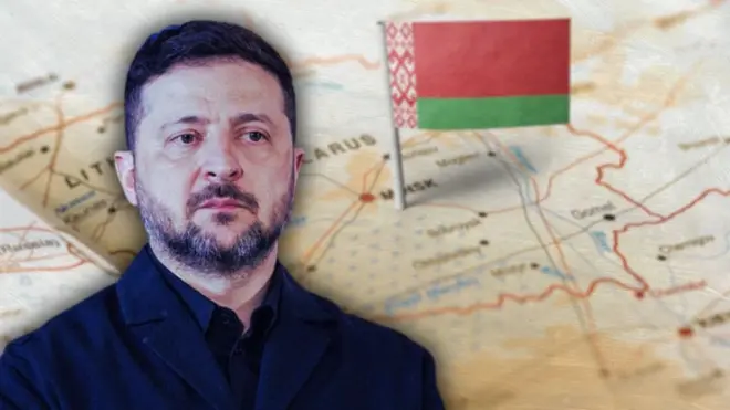 Зеленський на тлі мапи Білорусі з прапорцем