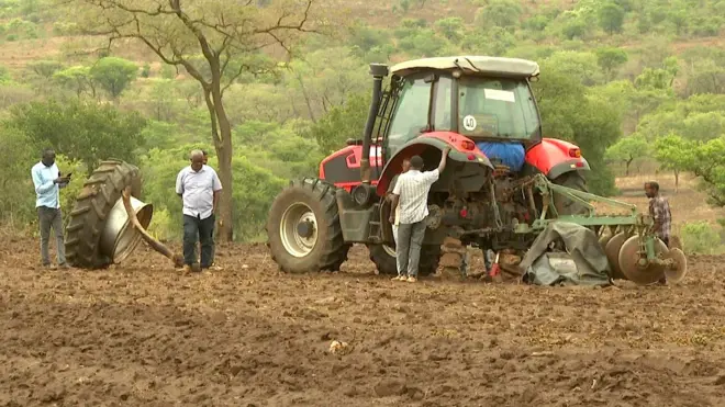 በቤኒሻንጉል ጉሙዝ ክልል የእርሻ መሬት ላይ የተበላሻ ትራክተር ዙሪያ የቆሙ ሰዎች