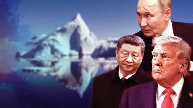 북극의 해빙 이미지 위에 푸틴 러시아 대통령, 시진핑 중국 국가주석, 도널드 트럼프 미국 대통령의 모습을 합성한 이미지