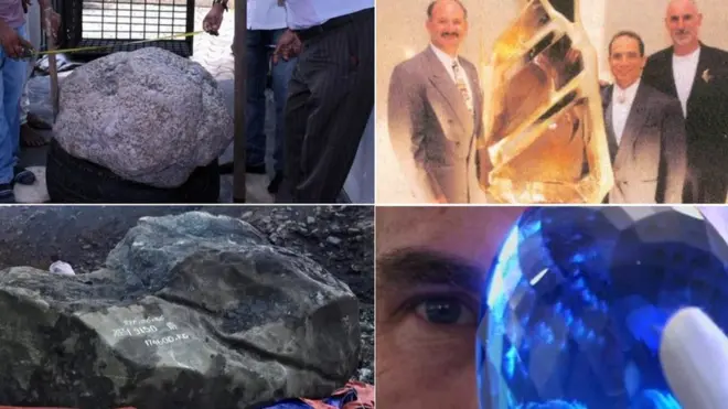 කිලෝ 510 බරැති රත්නපුරයෙන් හමු වූ මැණික් පොකුර (වම් පස ඉහළින්), Bahia ක්වාස්ට්ස් ක්රිස්ටලය (දකුණු පස ඉහළින්), 2016 වසරේදී මියන්මාරයෙන් හමු වූ ටොන් එකසිය හැත්තෑපහක බරින් යුත් යෝධජේඩ් මැණික (වම් පස පහළින්) සහ ලොව විශාලතම නිල් පුෂ්පරාගය ලෙස සැලකෙන 'ඔස්ට්‍රෝ' මැණික