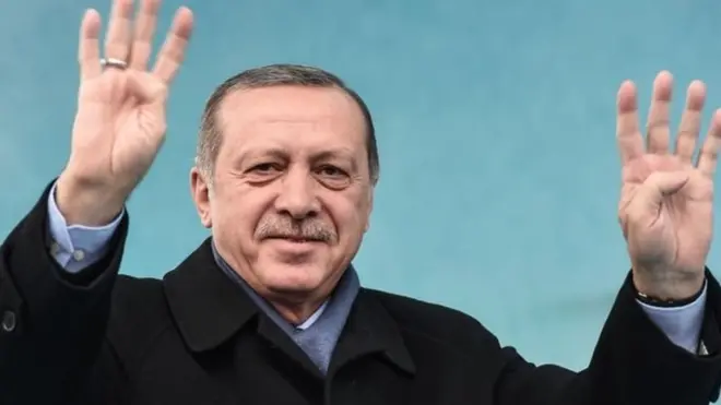 চার আঙ্গুল তুলে বিশেষ কায়দায় শুভেচ্ছা জানাচ্ছেন প্রেসিডেন্ট এরদোয়ান।