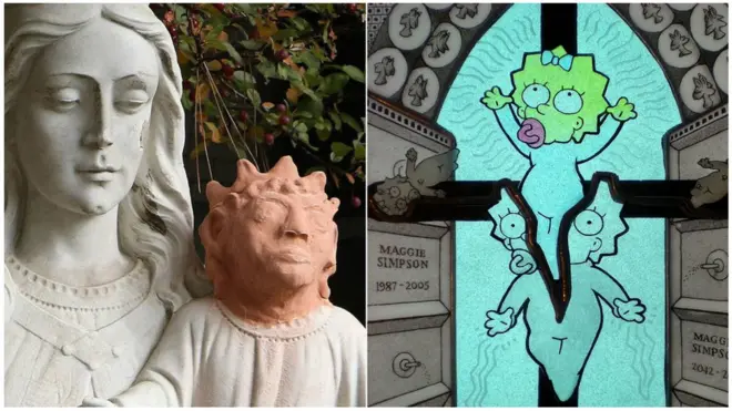 A estátua do menino Jesus com a nova cabeça no Canadá (à esq.) e Maggie Simpson retratadaaplicativo para jogos de loteriavidroaplicativo para jogos de loteriatrabalho do artista Joseph Cavalieri