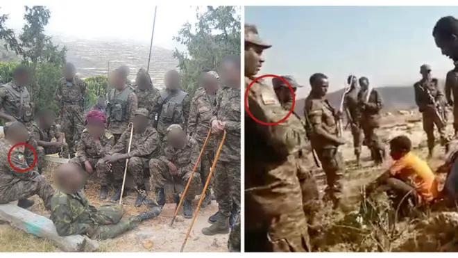 Badges in the colour of the Ethiopian flag seen on the armed men in the footage (right) matches those worn by ENDF soldiers (left). The camouflage patterns are also a match