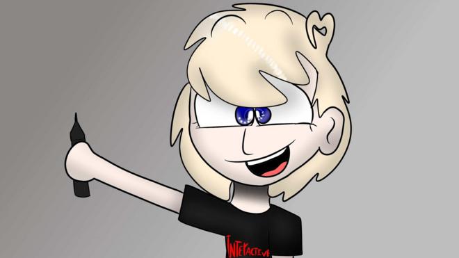 Cartoon of smiling girl with a pen