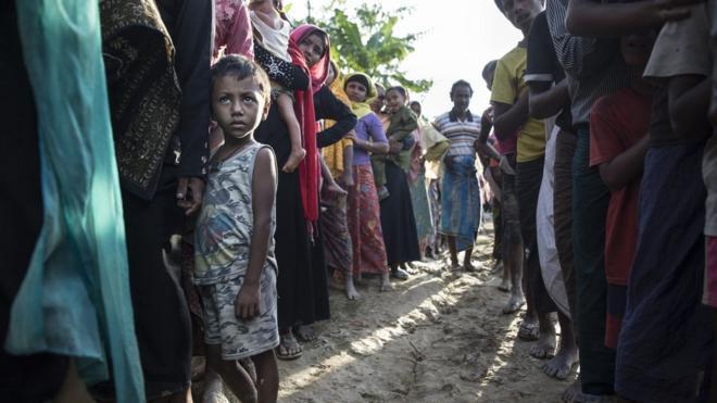 New Rohingya arrivals wait in line for humanitarian food aid from Action Against Hunger ( Action Contre La Faim ) mobile emergency support - 24 September 2017