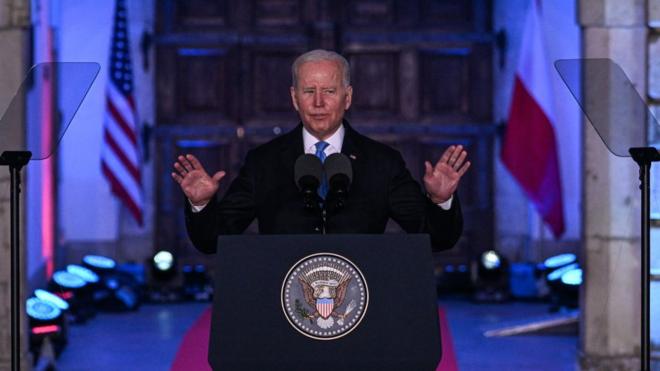 US President Joe Biden giving a speech in Warsaw, Poland on Saturday