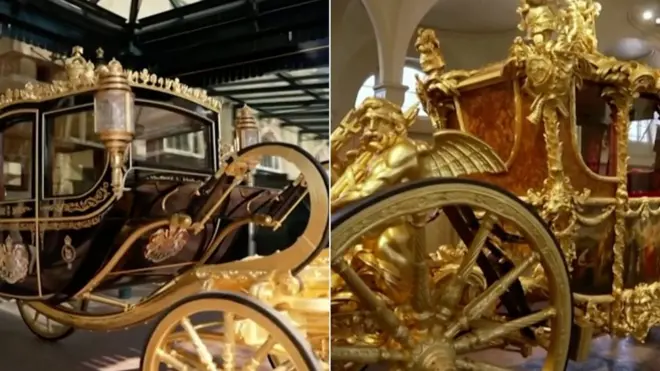 استخدم الملك تشارلز الثالث والملكة كاميلا مركبتين ذهبيتين في موكب التتويج.