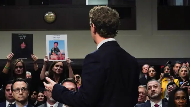 Meta's CEO Mark Zuckerberg stands and faces the audience as he testifies during the Senate Judiciary Committee hearing on online child sexual exploitation at the U.S. Capitol, in Washington, U.S., January 31, 2024.