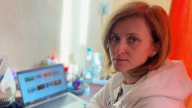 Marta Shokalo working from her in-law's cottage in the country